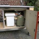 Garten Küchen Lux - Innenleben mit Abfallbehälter, Boiler und Gasflasche